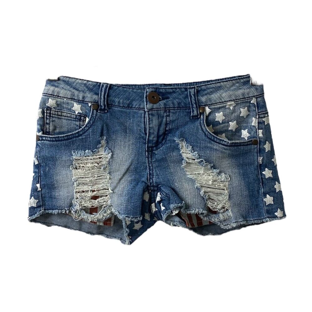 Xhilaration Juniors Denim Flag Shorts Blue Red and White 5 Pocket Size 1
